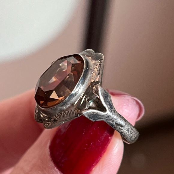 Antique Art Deco 1920’s Sterling Silver Amber Glass Victorian Signet Ring - Picture 3 of 17